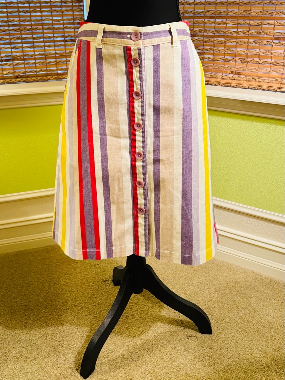Anthropologie Striped Button-Front Skirt in Red, Purple, Yellow & Cream